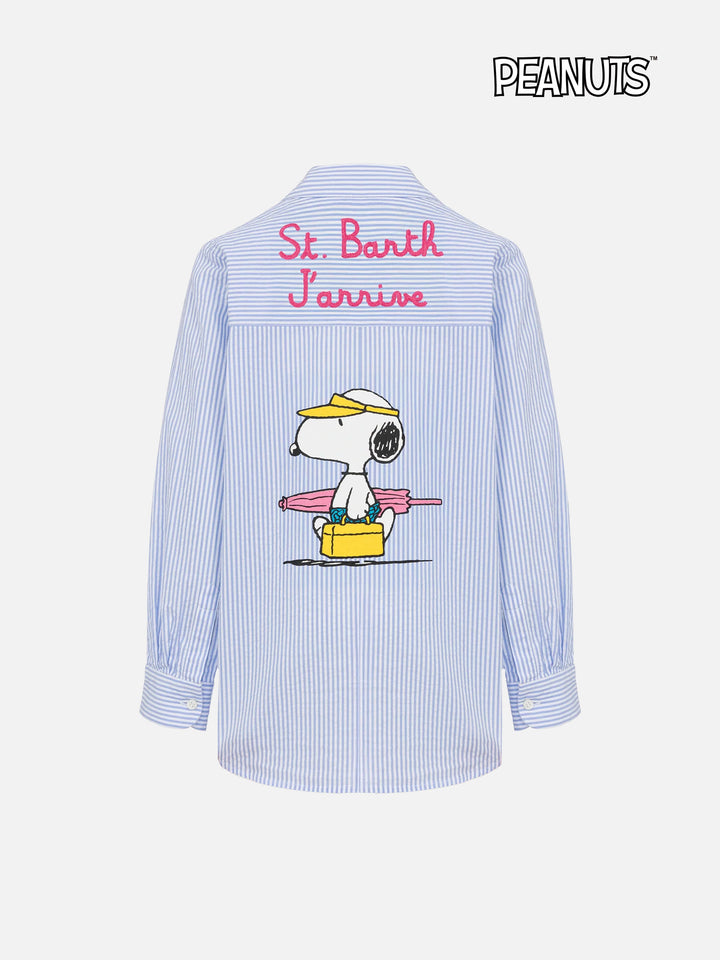 Camicia Mini Brigitte in seersucker a righe azzurre con stampa Snoopy | SNOOPY PEANUTS® SPECIAL EDITION