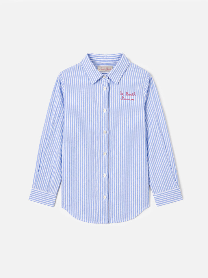 Light blue Mini Brigitte Embry striped seersucker shirt with Snoopy print | Special edition