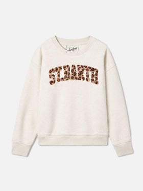 Sudadera Briony con cuello redondo en rizo blanco con estampado de leopardo 