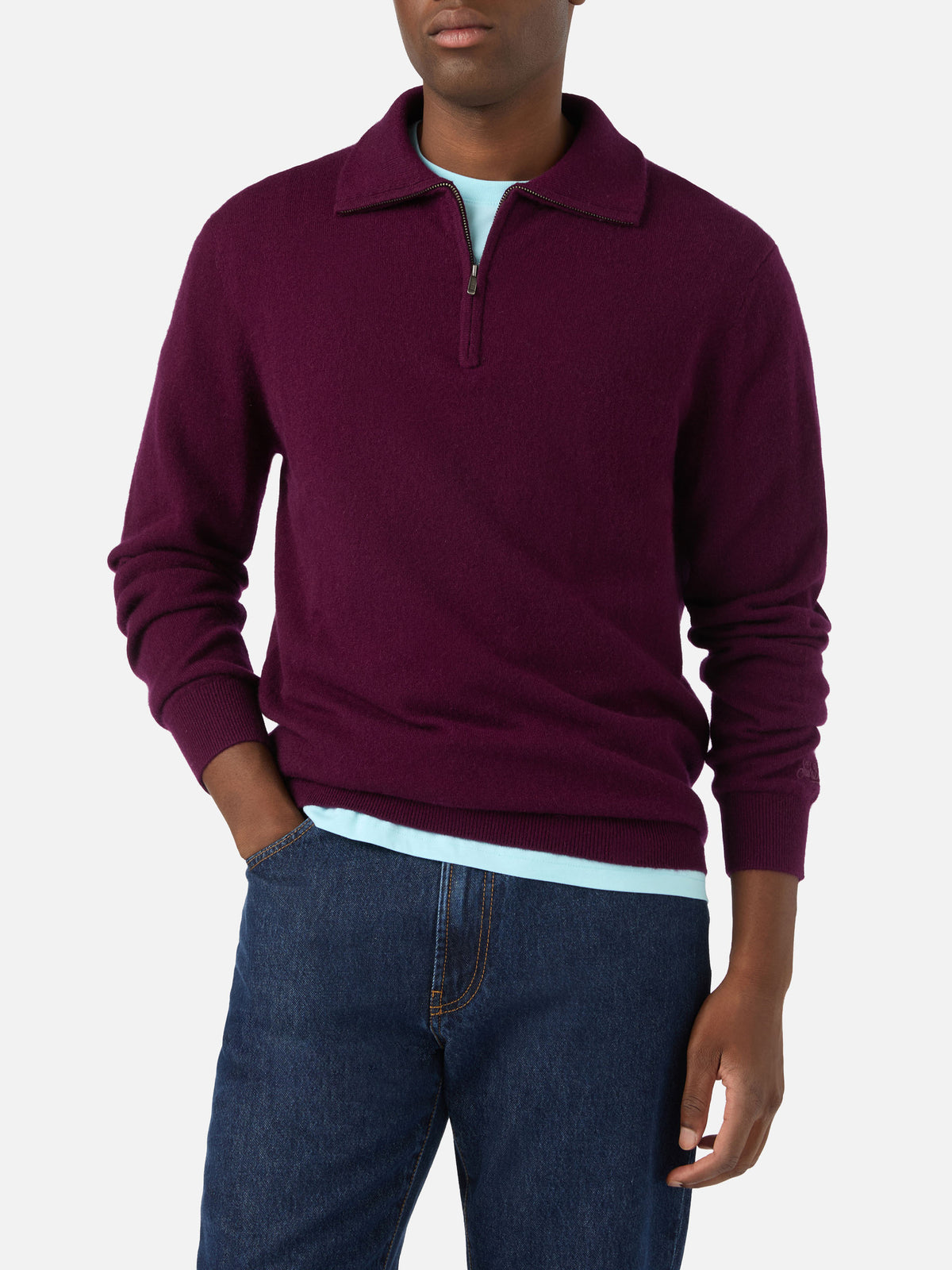 Jersey de cachemir Burgundy Buck con media cremallera 