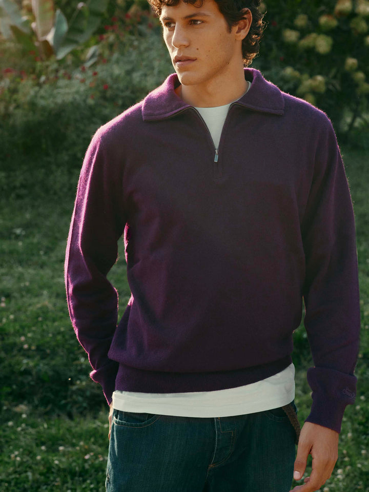 Jersey de cachemir Burgundy Buck con media cremallera 