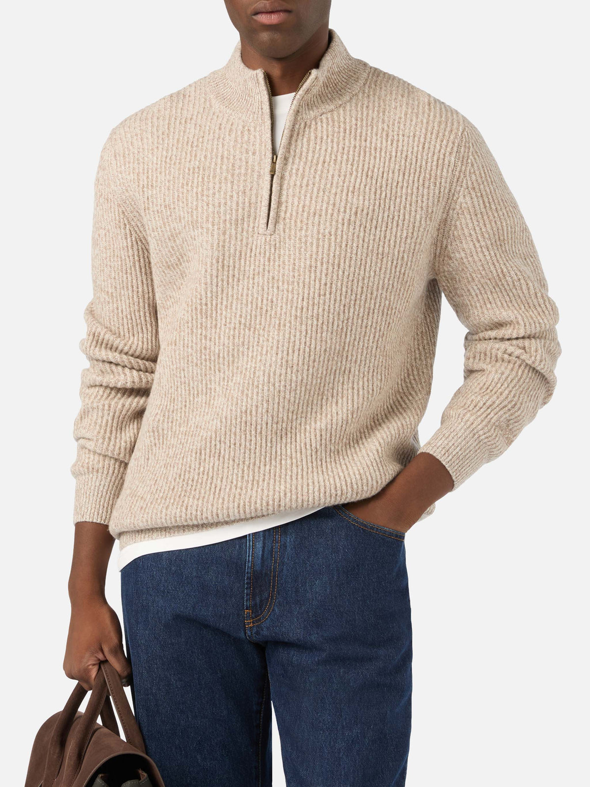 Pull demi-zip en laine Buck beige avec côtes mouliné 
