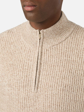 Pull demi-zip en laine Buck beige avec côtes mouliné 