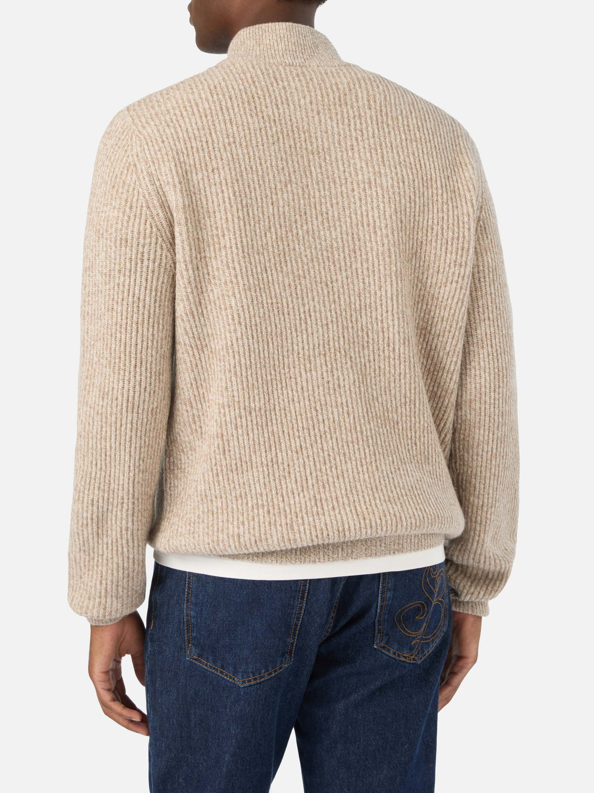 Pull demi-zip en laine Buck beige avec côtes mouliné 