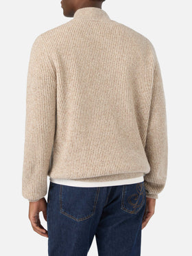 Pull demi-zip en laine Buck beige avec côtes mouliné 