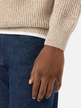 Pull demi-zip en laine Buck beige avec côtes mouliné 