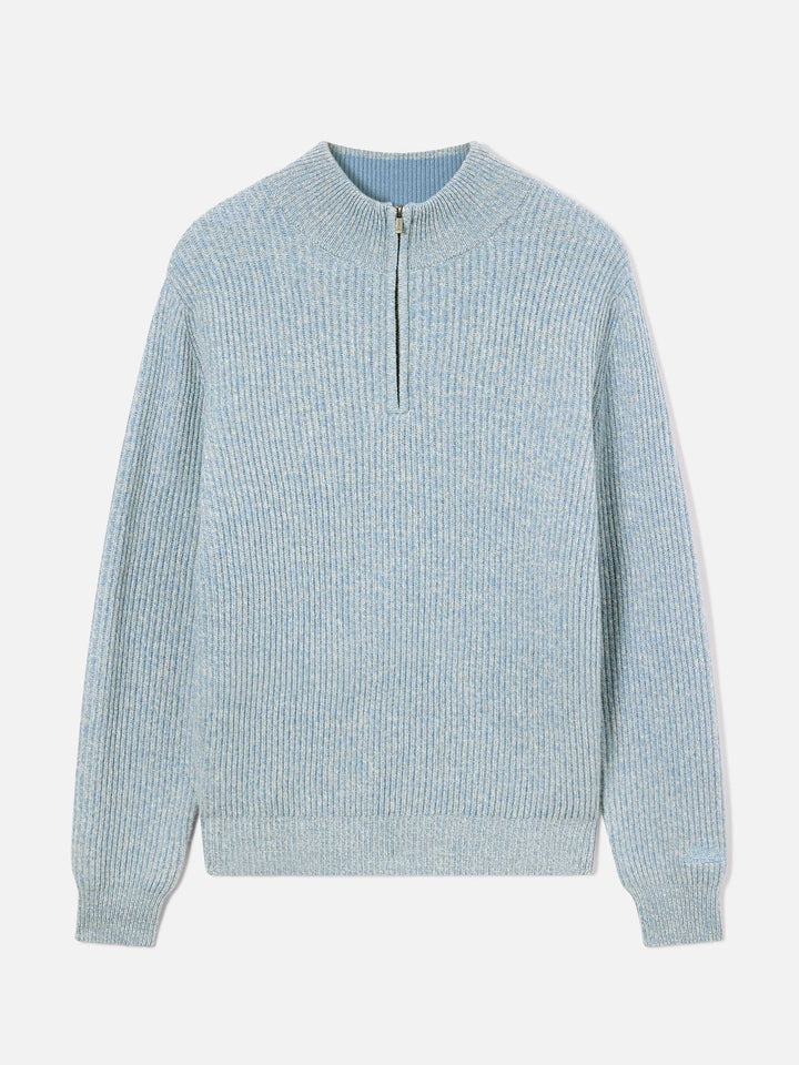 Maglia Buck azzurra in lana con mezza zip e costina mouliné