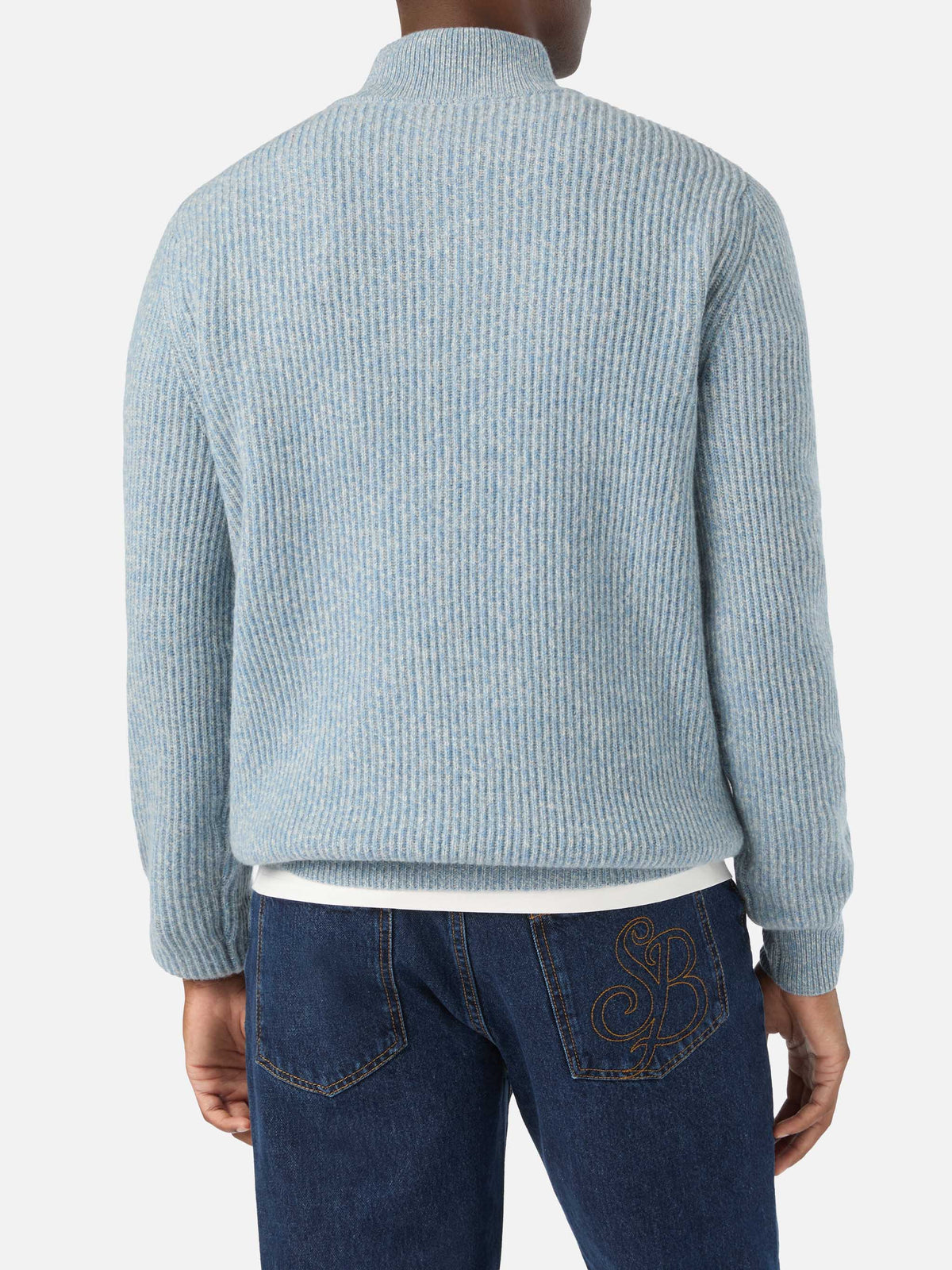 Maglia Buck azzurra in lana con mezza zip e costina mouliné