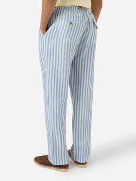 Calais long linen pants with cream and light blue stripes