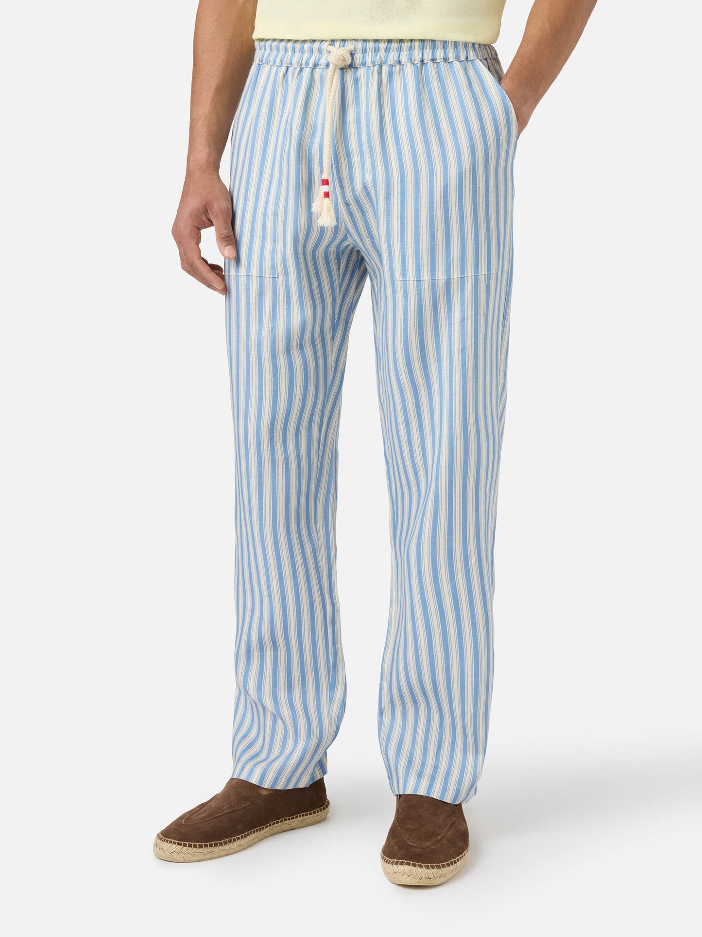 Calais long linen pants with cream and light blue stripes