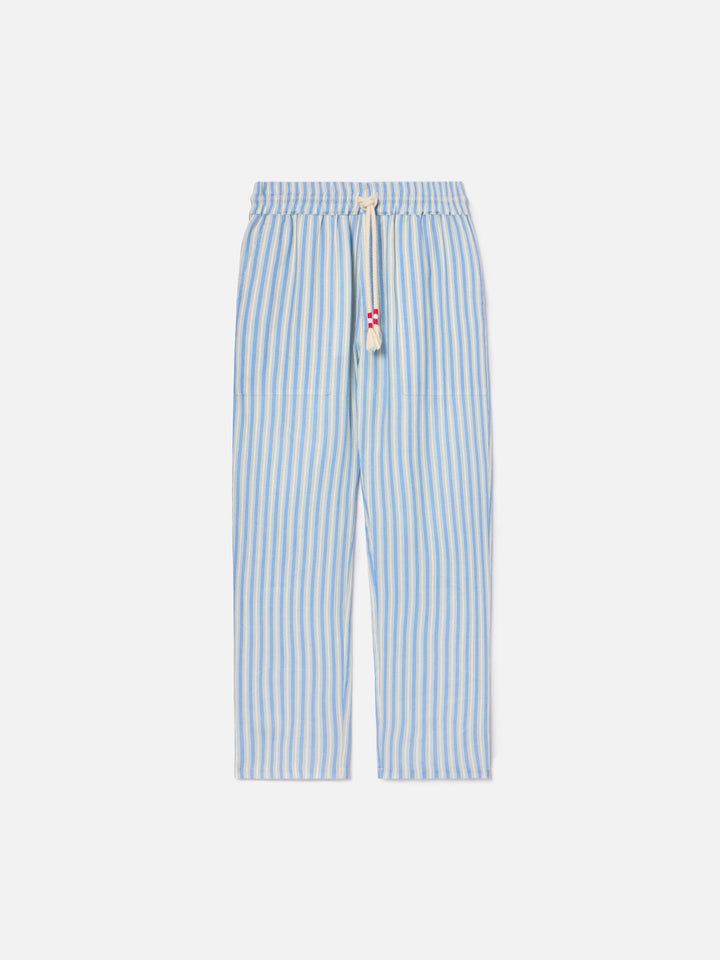 Pantalone Calais lungo in puro lino a righe panna e azzurro