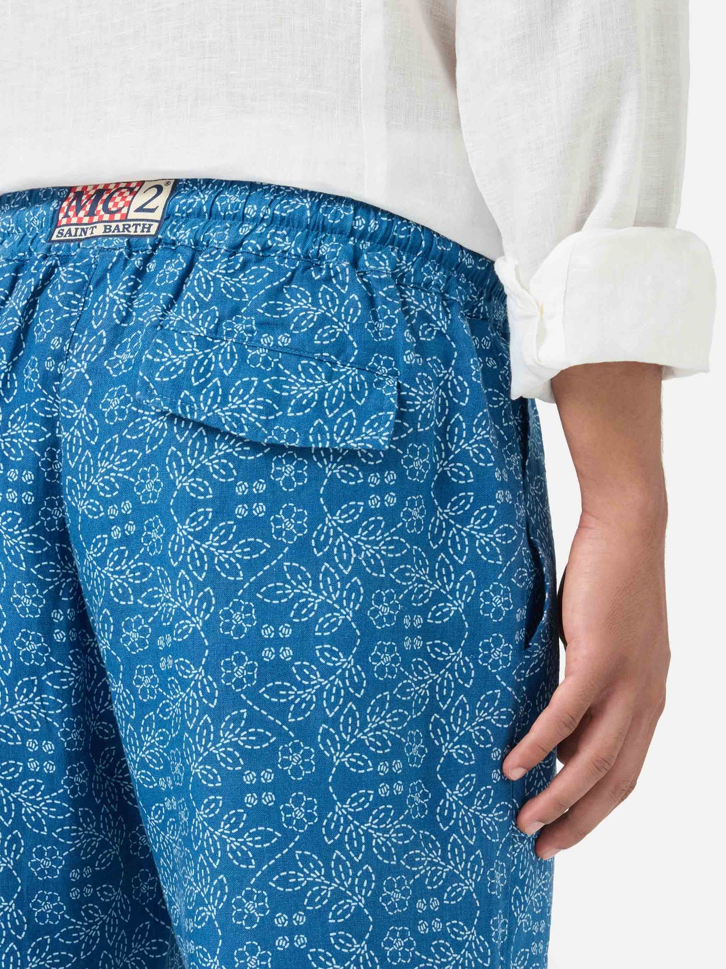 Pantalon en lin sashiko bleu Calais 