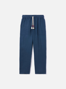 Pantalones largos Calais azul marino y marrón en lino puro 