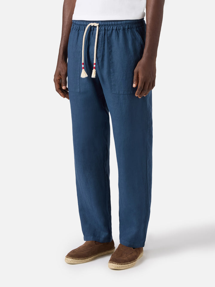 Navy blue brown Calais long pants in pure linen
