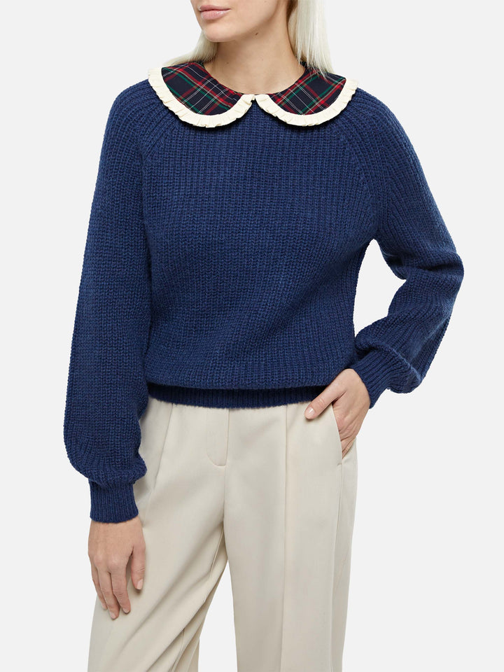 Pull femme bleu marine côtelé Calia avec col tartan et nœud 