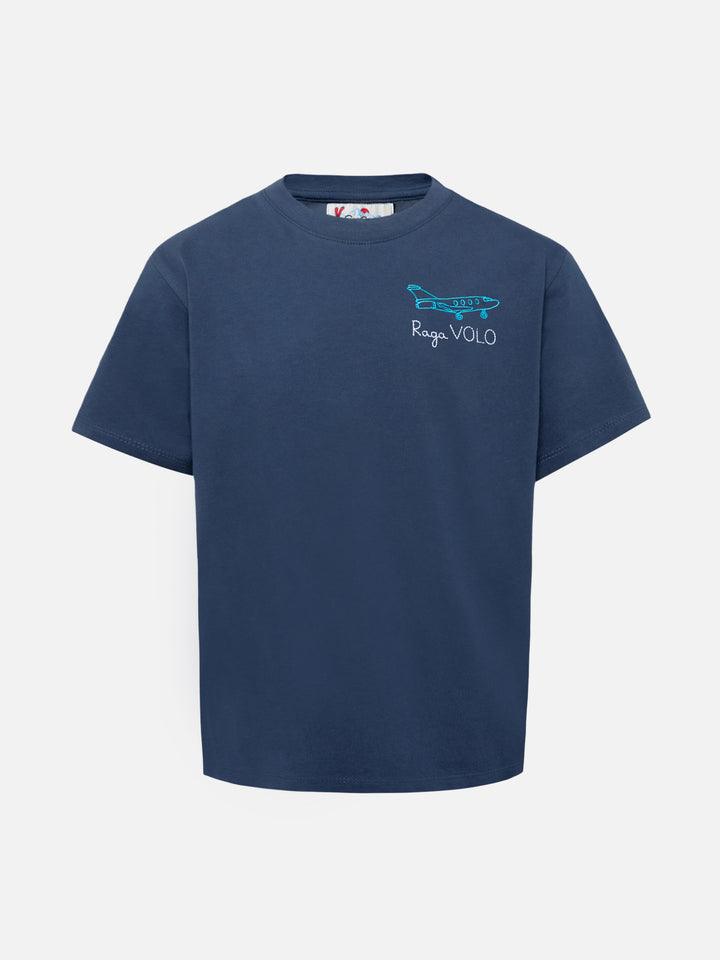 T-shirt Cameron in cotone blu con ricamo Raga volo