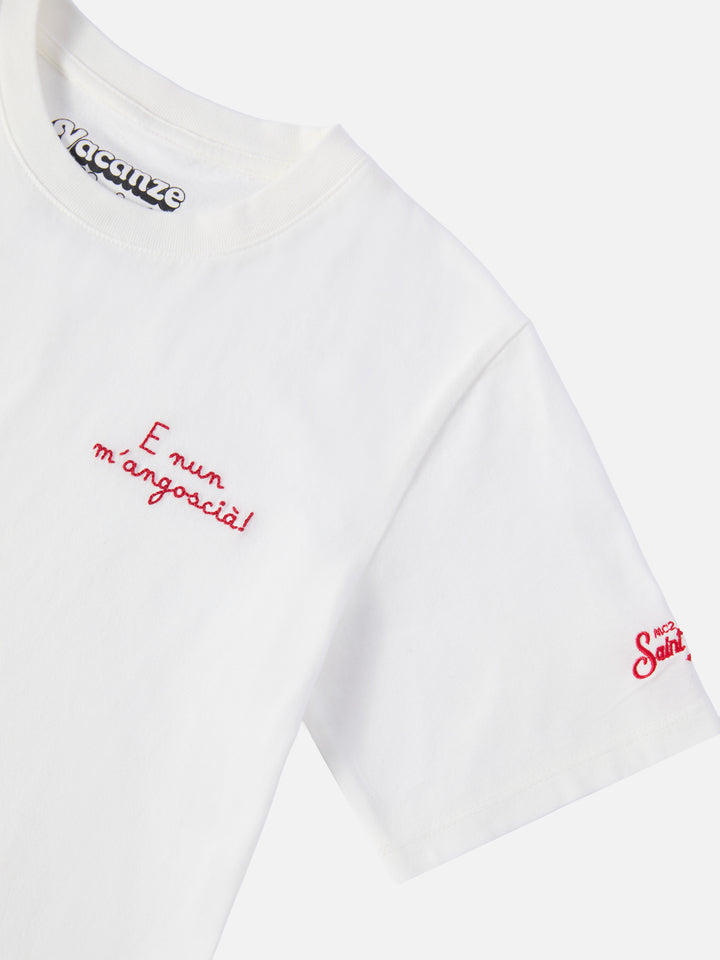 Cameron Warm winter cotton T-shirt in white with E nun m’angoscià embroidery | VACANZE DI NATALE SPECIAL EDITION