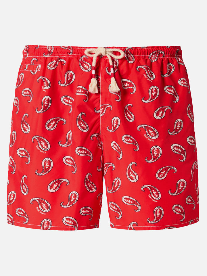 Mid-length swim-shorts Caprese with red paisley print