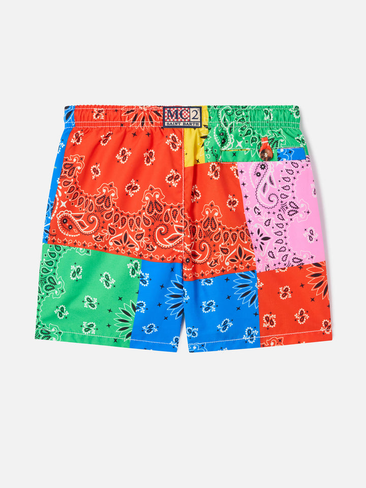 Boy swim shorts with multicolor bandanna print