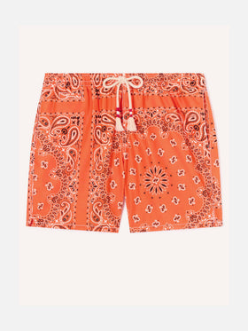 Orange Caprese Jr swim shorts with bandana print