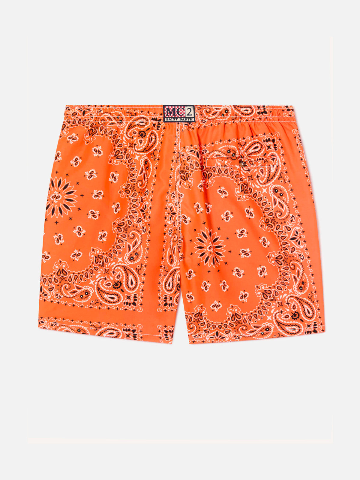 Orange Caprese Jr swim shorts with bandana print