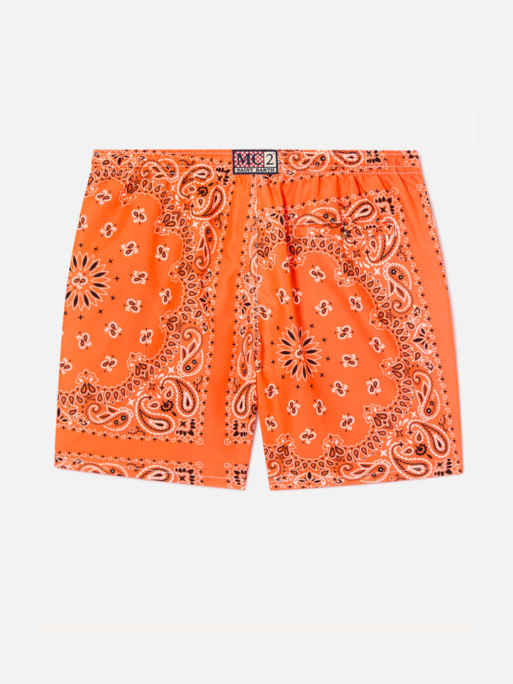 Boy swim shorts with orange bandanna print