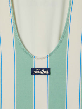 Costume intero Cara a righe verdi e bianche con stampa Beach Club