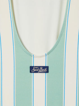 Costume intero Cara a righe verdi e bianche con stampa Beach Club