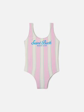 Costume intero Cara a righe rosa e bianche con stampa Beach Club