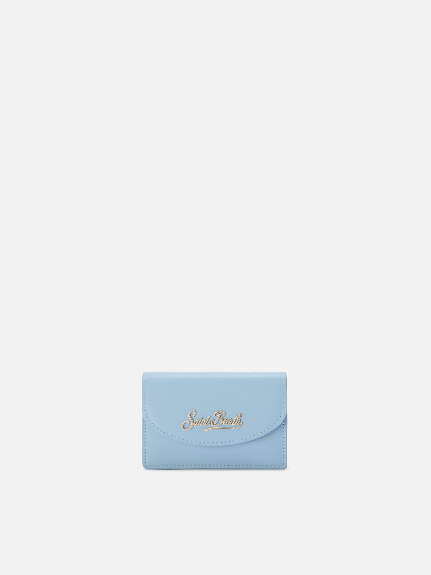 Light blue smooth leather card holder with metal logo