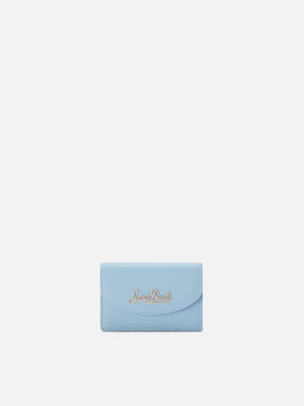 Light blue smooth leather card holder with metal logo