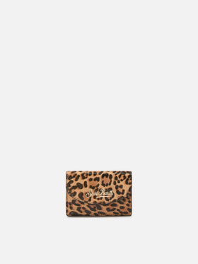 Card Holder in brushed leather and leopard-print calf hair
