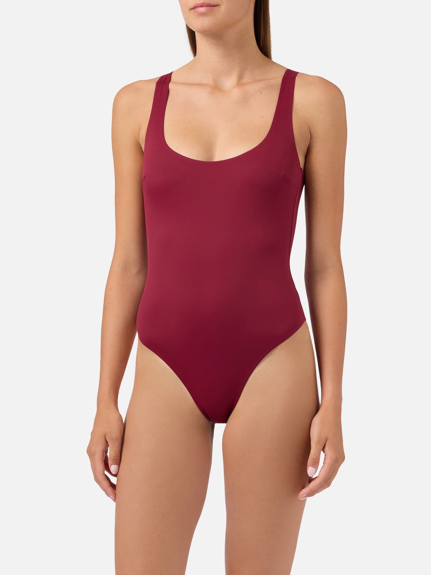 Maillot de bain une-pièce Cassandra à encolure carrée en bordeaux 