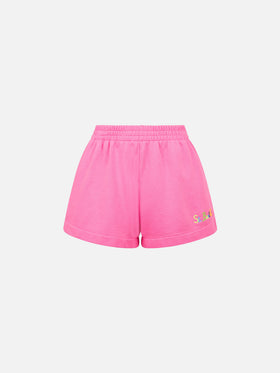 Kurze Damenhose aus fluorosa Baumwolle