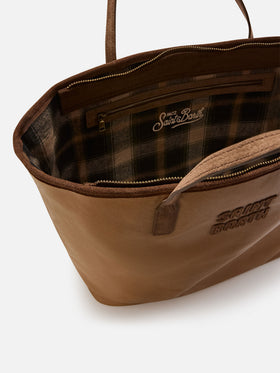 Borsa Large City nocciola in tessuto cerato con ricamo logo