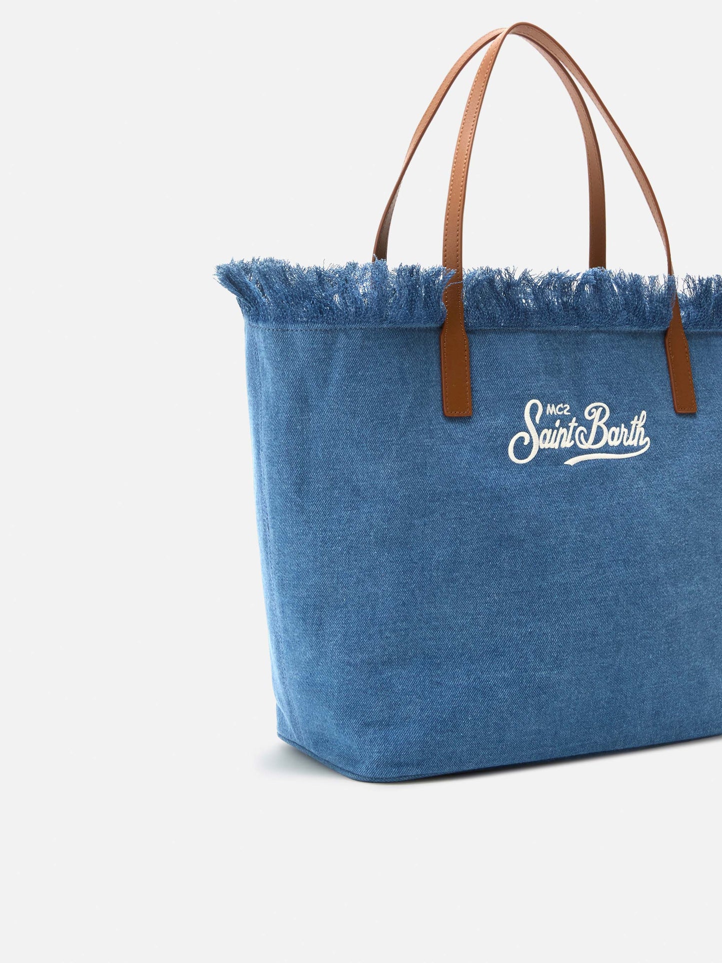 City regular bag in denim fabric with fringes