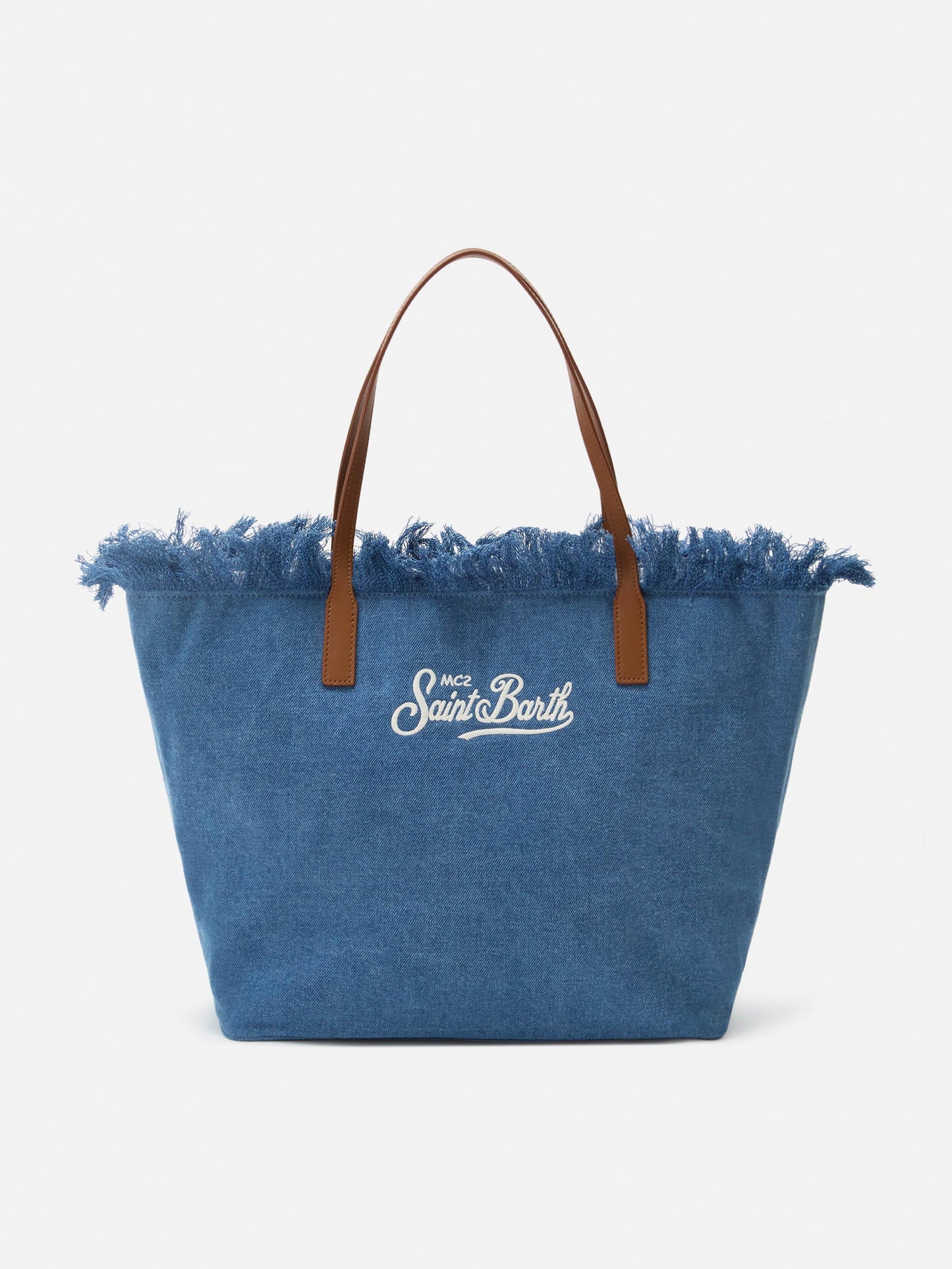 City regular bag in denim fabric with fringes