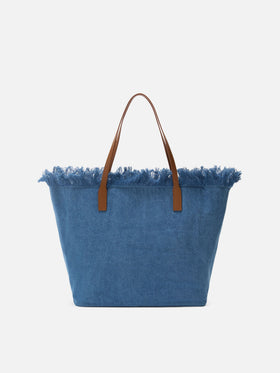 City regular bag in denim fabric with fringes