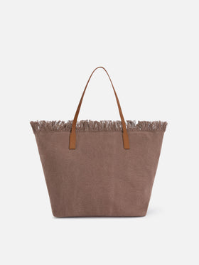 Borsa City regular in canvas marrone con frange