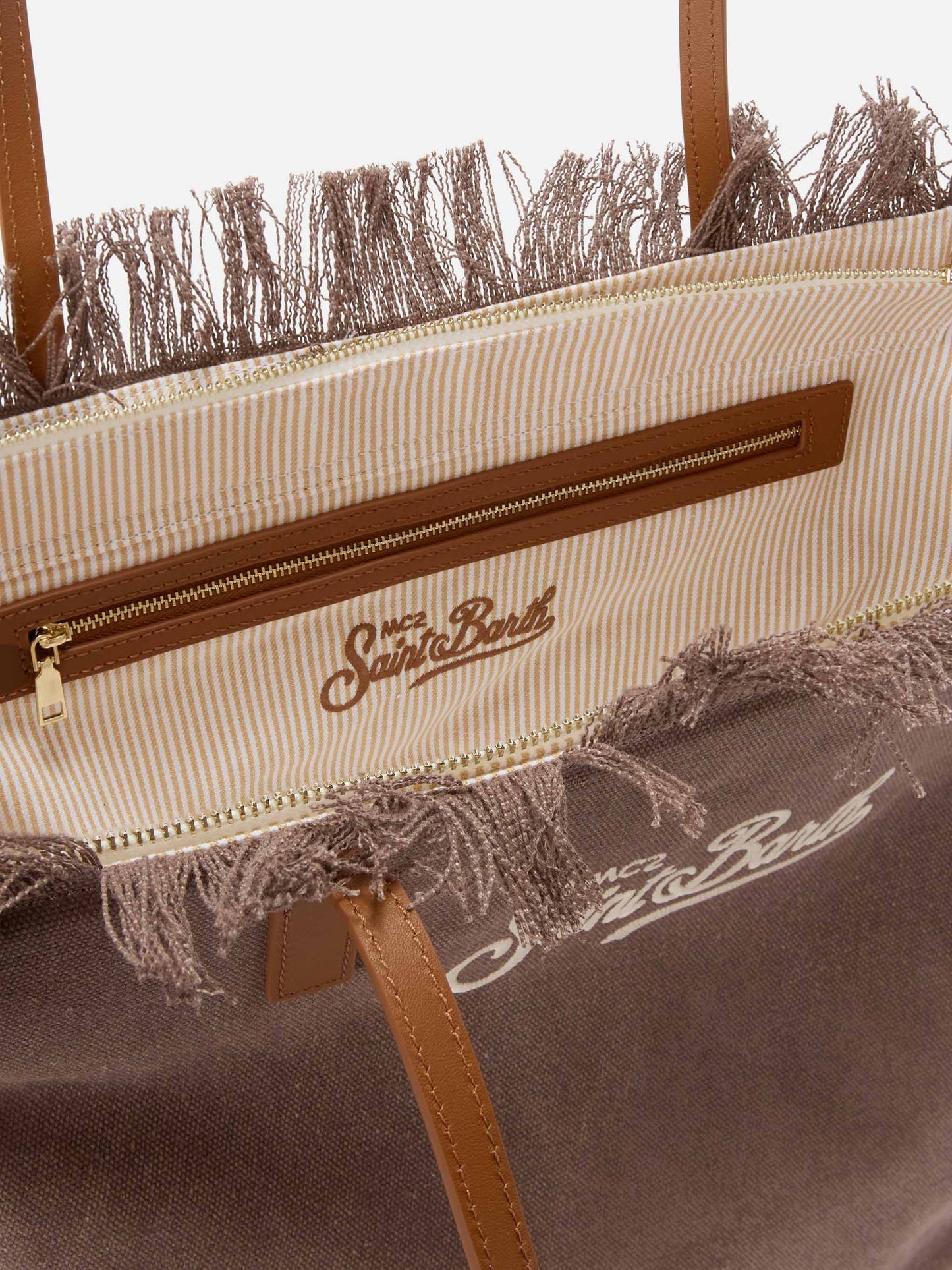 Borsa City regular in canvas marrone con frange