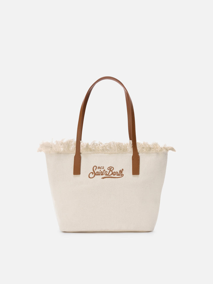 White medium City canvas shopper bag with fringes