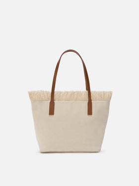 White medium City canvas shopper bag with fringes