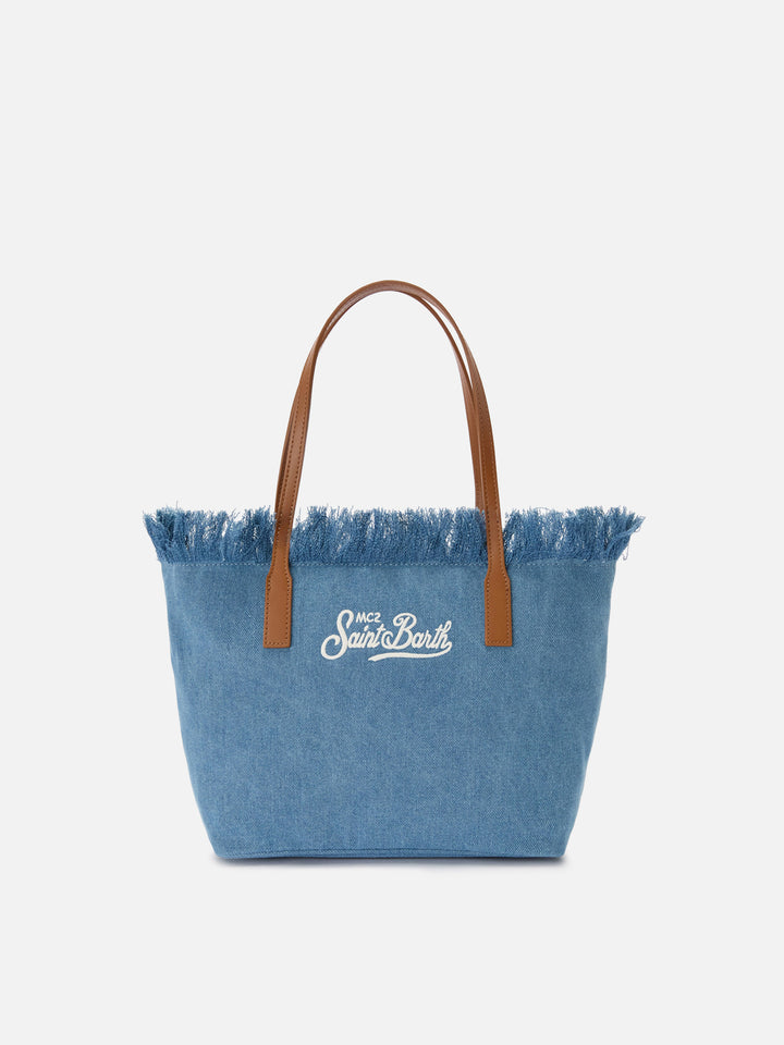 Medium City shopper bag in denim fabric with fringes