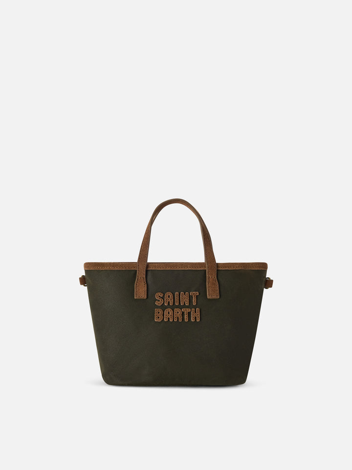 Borsa Mini City verde militare in tessuto cerato con ricamo logo