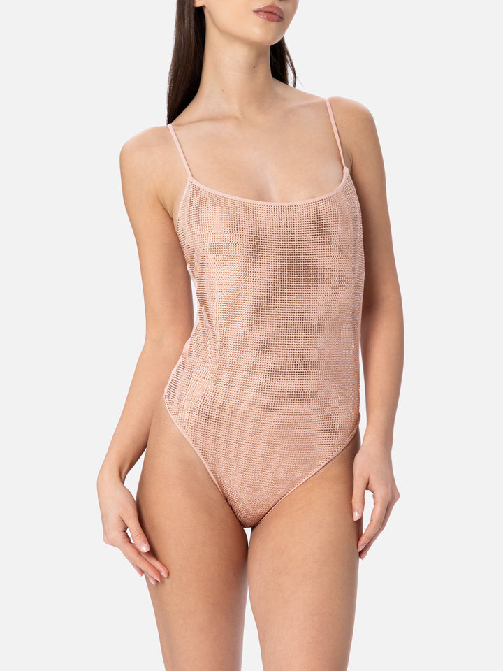 Woman pale one-piece swimsuit Cecille with rhinestones - MC2 Saint Barth