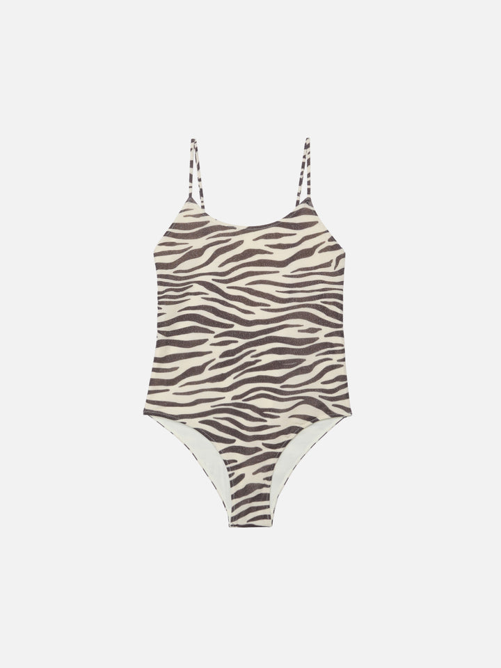 Costume intero Cecille Jr in lurex con stampa zebrata