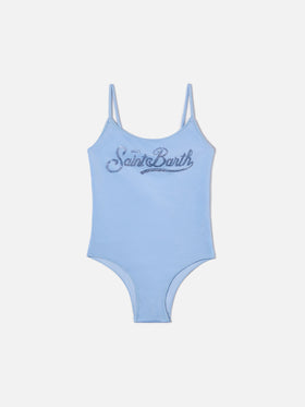 Cecille Jr one-piece swimsuit in glossy finish fabric with rhinestone logo