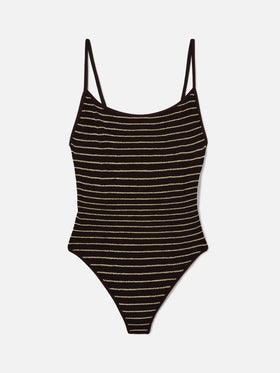 Cecille String one-piece swimsuit in brown and white striped crinkle fabric