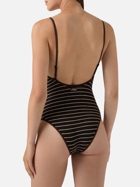 Cecille String one-piece swimsuit in brown and white striped crinkle fabric