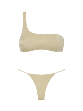 Jodene shimmer gold cheeky swim briefs - Celestine shimmer gold one-shoulder bralette top - MC2 Saint Barth